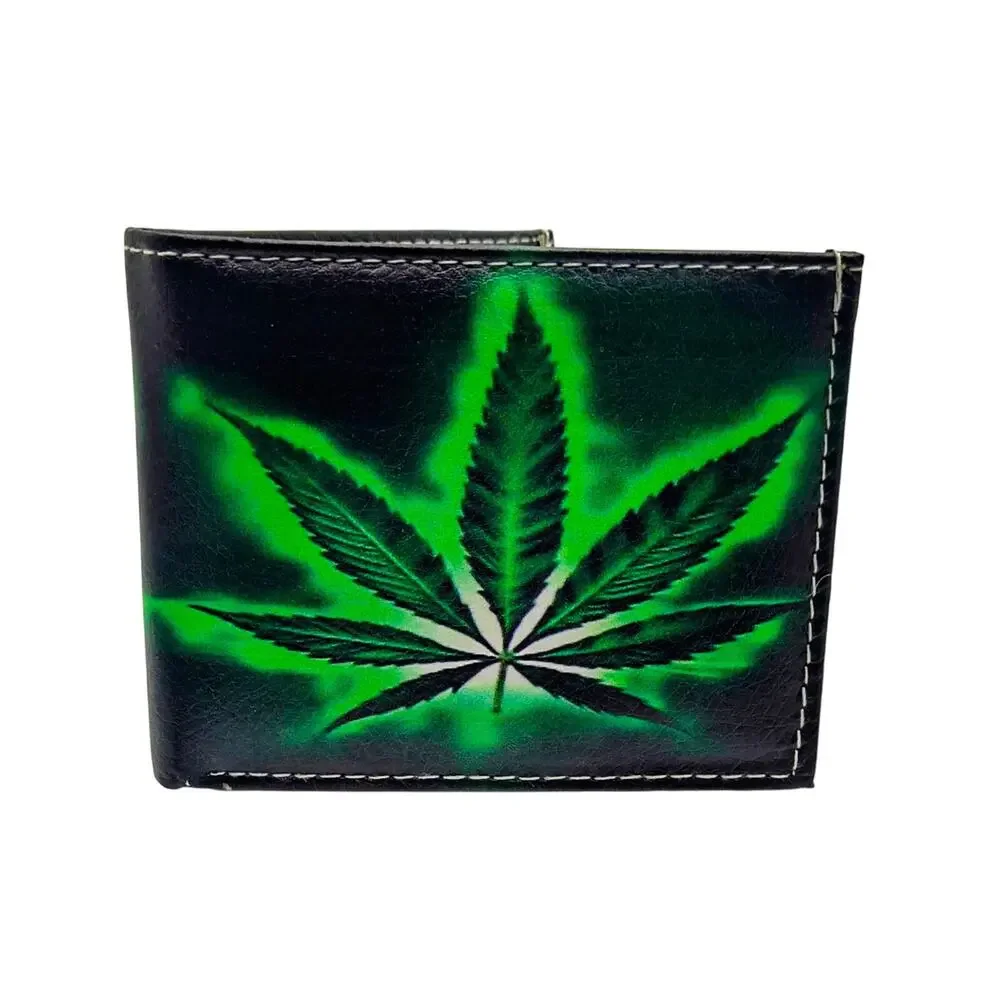 Handcrafted Men’s Full‑Size Wallet Vegan Leather, Bold Cannabis Leaf Print